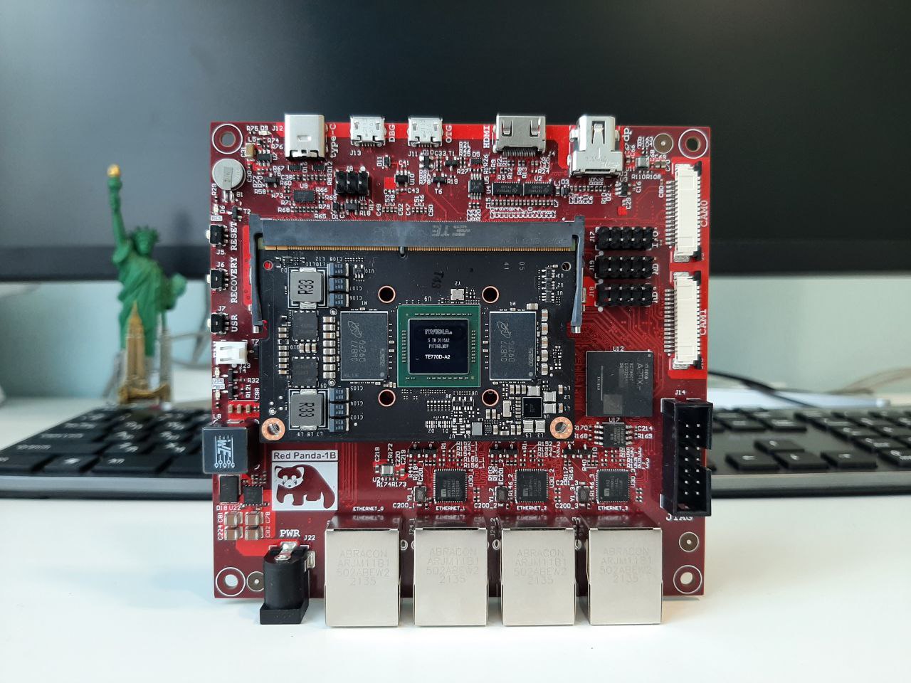 Development board/Carrier Board Xilinx Artix 7 with Nvidia Jetson SoM. Front view.